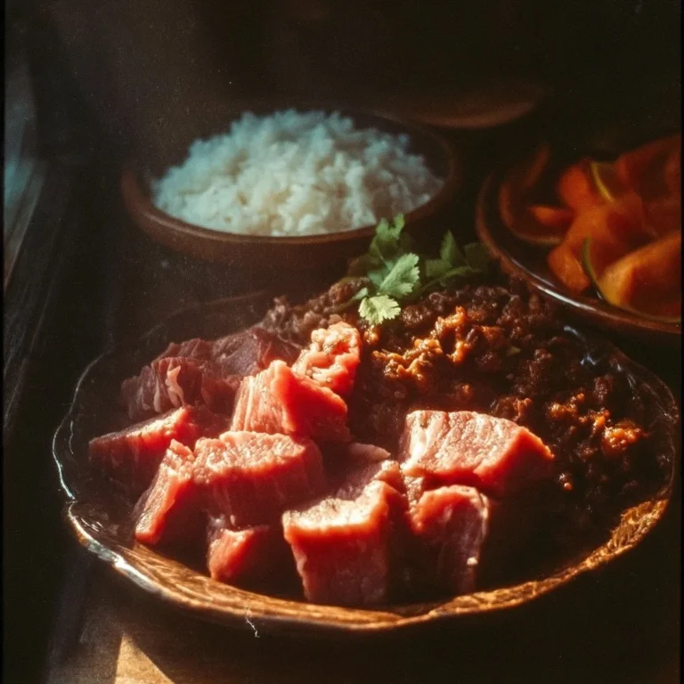 Delicious adobo pork dish served with rice and garnished
