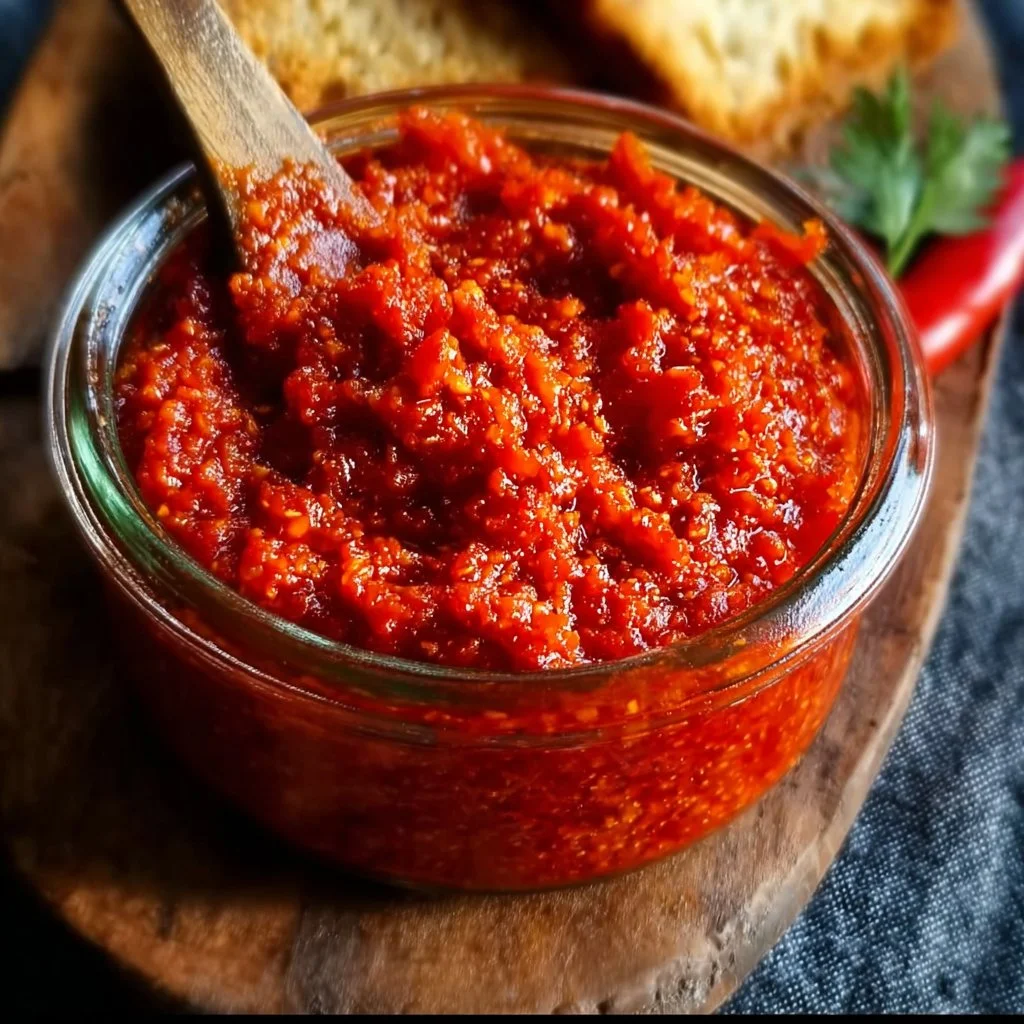 Homemade Ajvar served in a bowl with fresh bread and vegetables.