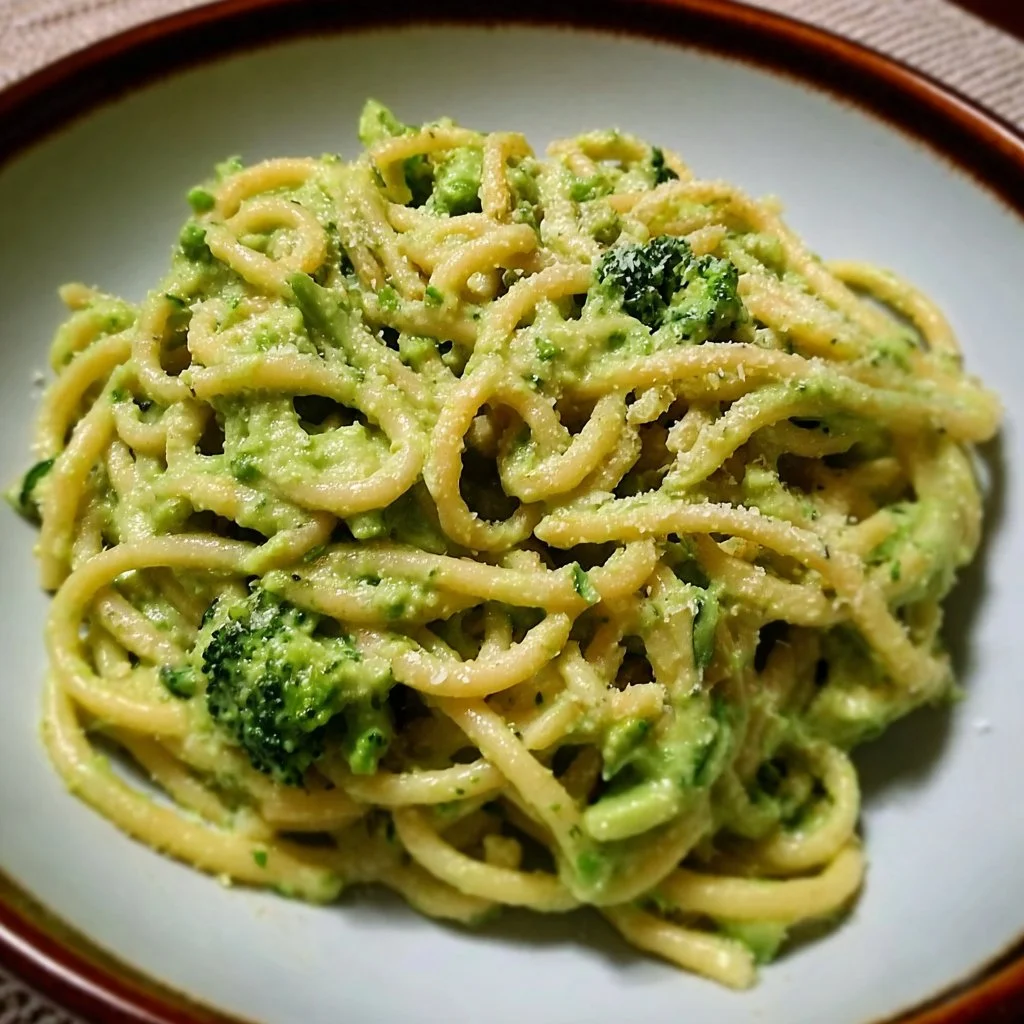 Creamy Avocado Broccoli Pasta in a bowl topped with fresh herbs