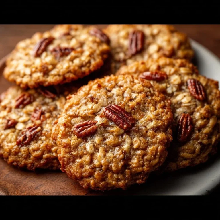 Bakery style pecan pie oatmeal cookies displayed on a rustic wooden table.