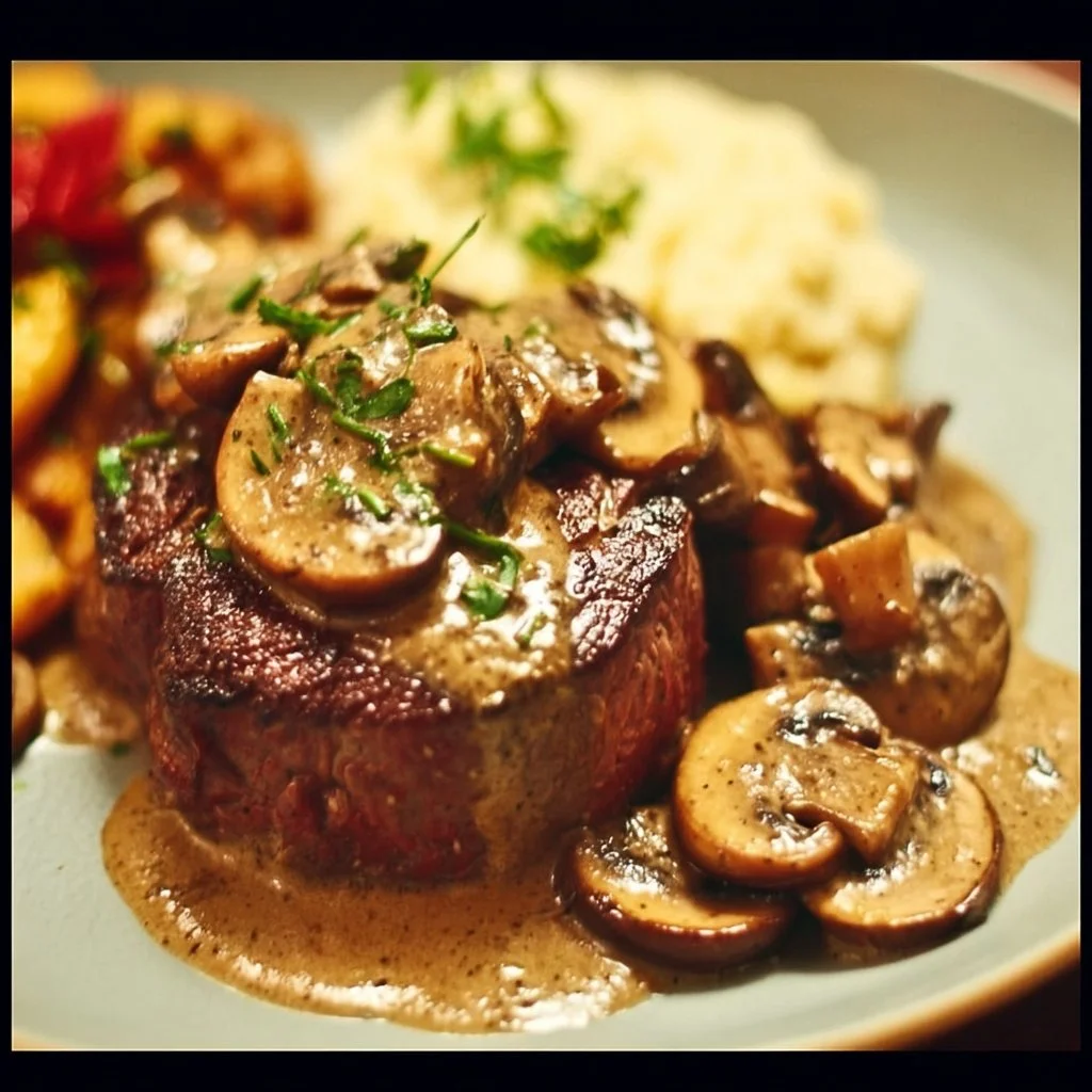 Delicious beef tenderloin served with rich mushroom sauce on a plate