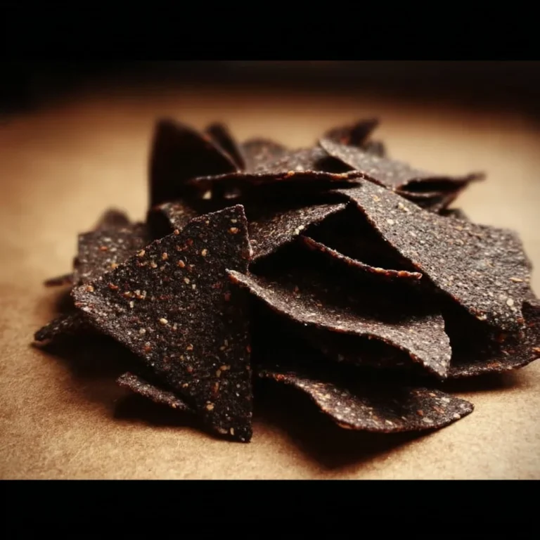 A bowl of crispy black bean chips snacks on a wooden table