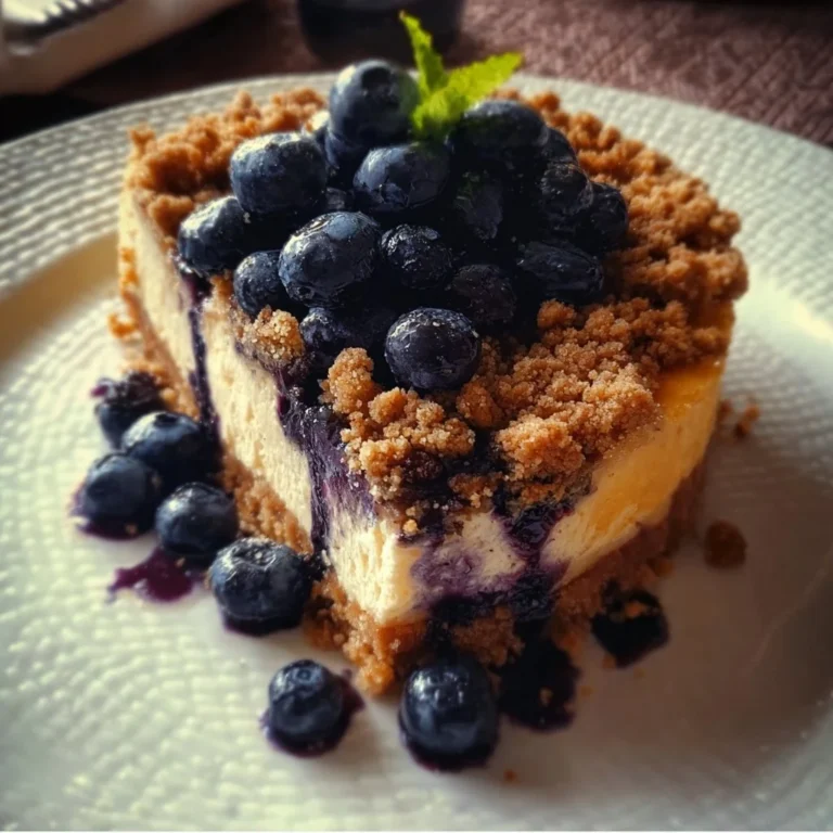 Delicious blueberry crumble cheesecake topped with fresh blueberries and crumble