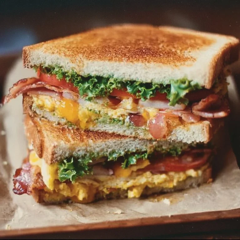 Delicious Breakfast Club Sandwich with bacon, eggs, and veggies on a plate