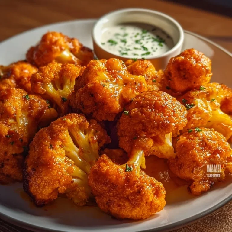 Delicious Buffalo Cauliflower Wings garnished with celery and dipping sauce