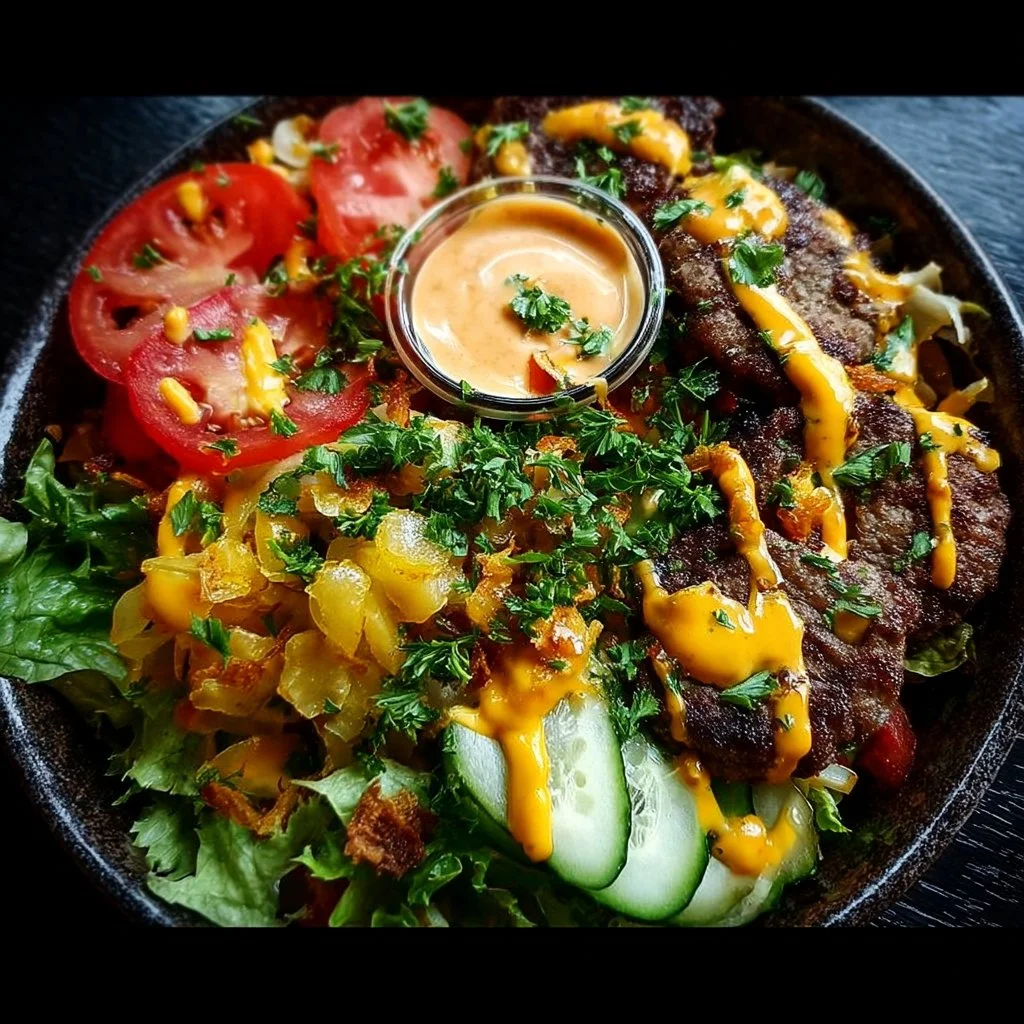 Delicious Burger Bowls topped with fresh vegetables and flavorful sauces