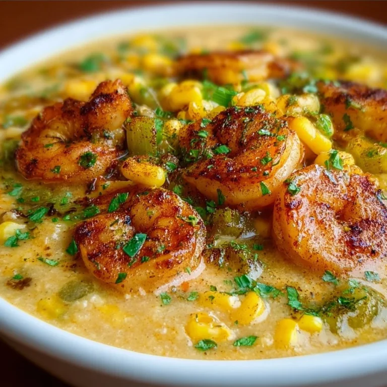 Bowl of Cajun Shrimp Corn Chowder garnished with herbs and corn