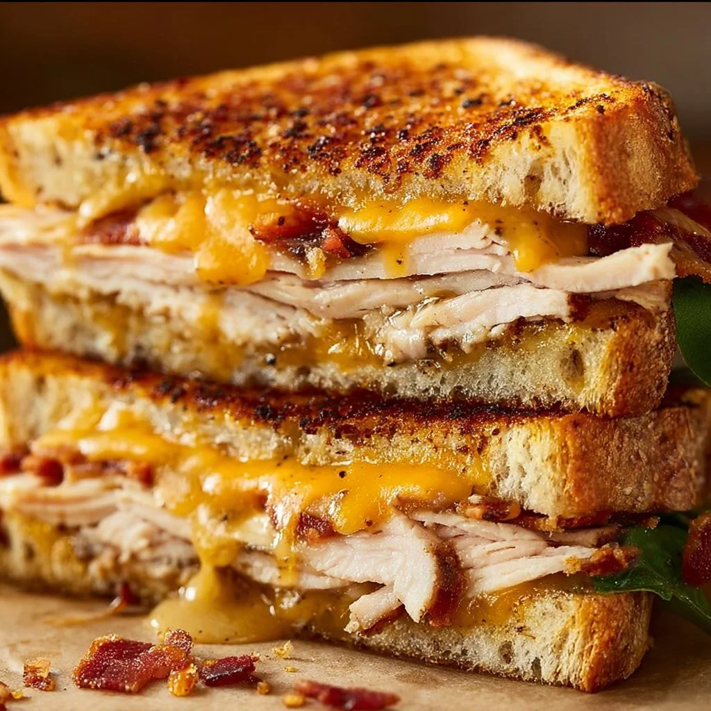 Cheddar Bacon Turkey Melt with crispy bacon, melted cheese, and turkey sandwich