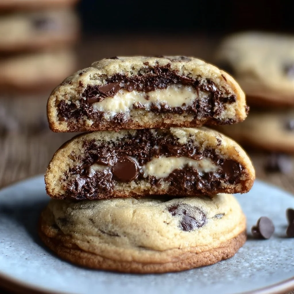 Cheesecake stuffed chocolate chip cookies with creamy filling on a plate