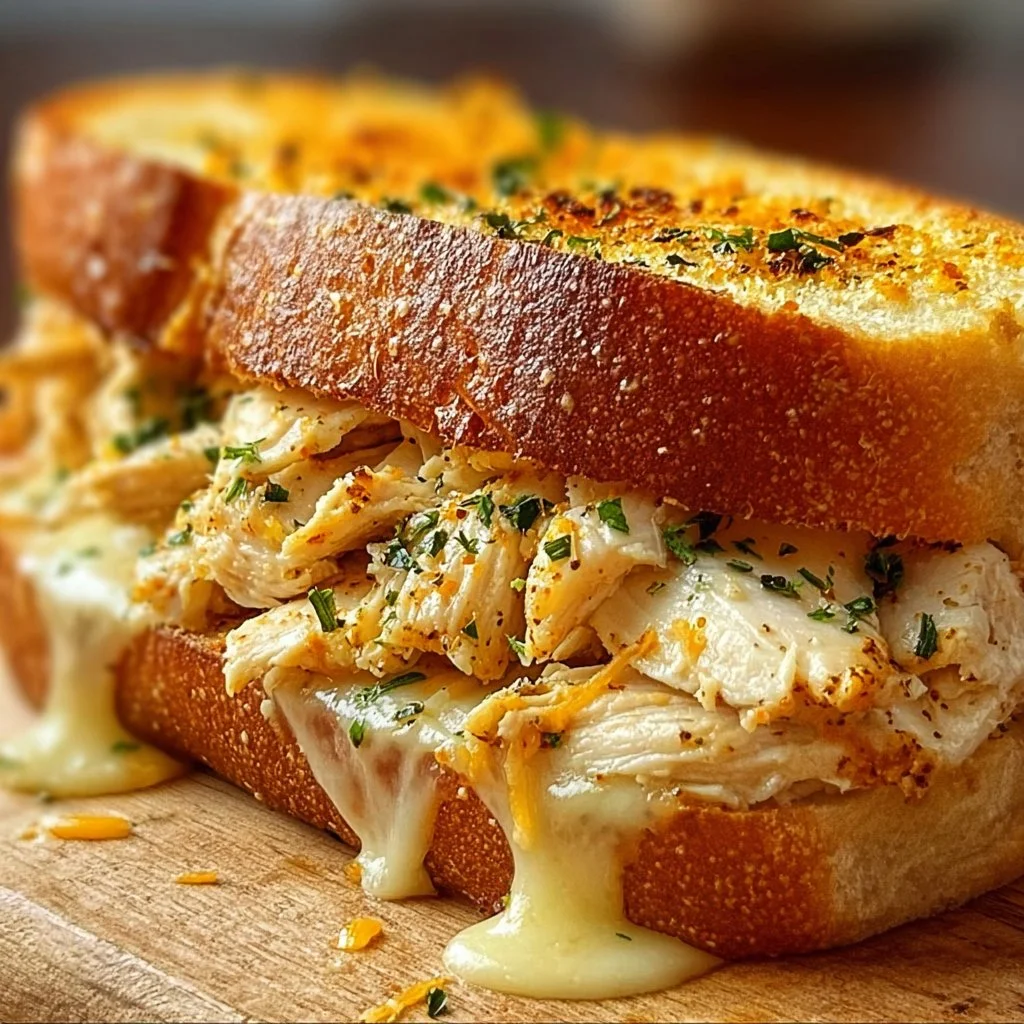 Cheesy Chicken Garlic Bread Sandwich with melted cheese and grilled chicken