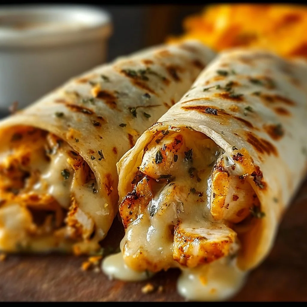 Cheesy garlic chicken wraps on a plate ready to serve for a delicious meal.