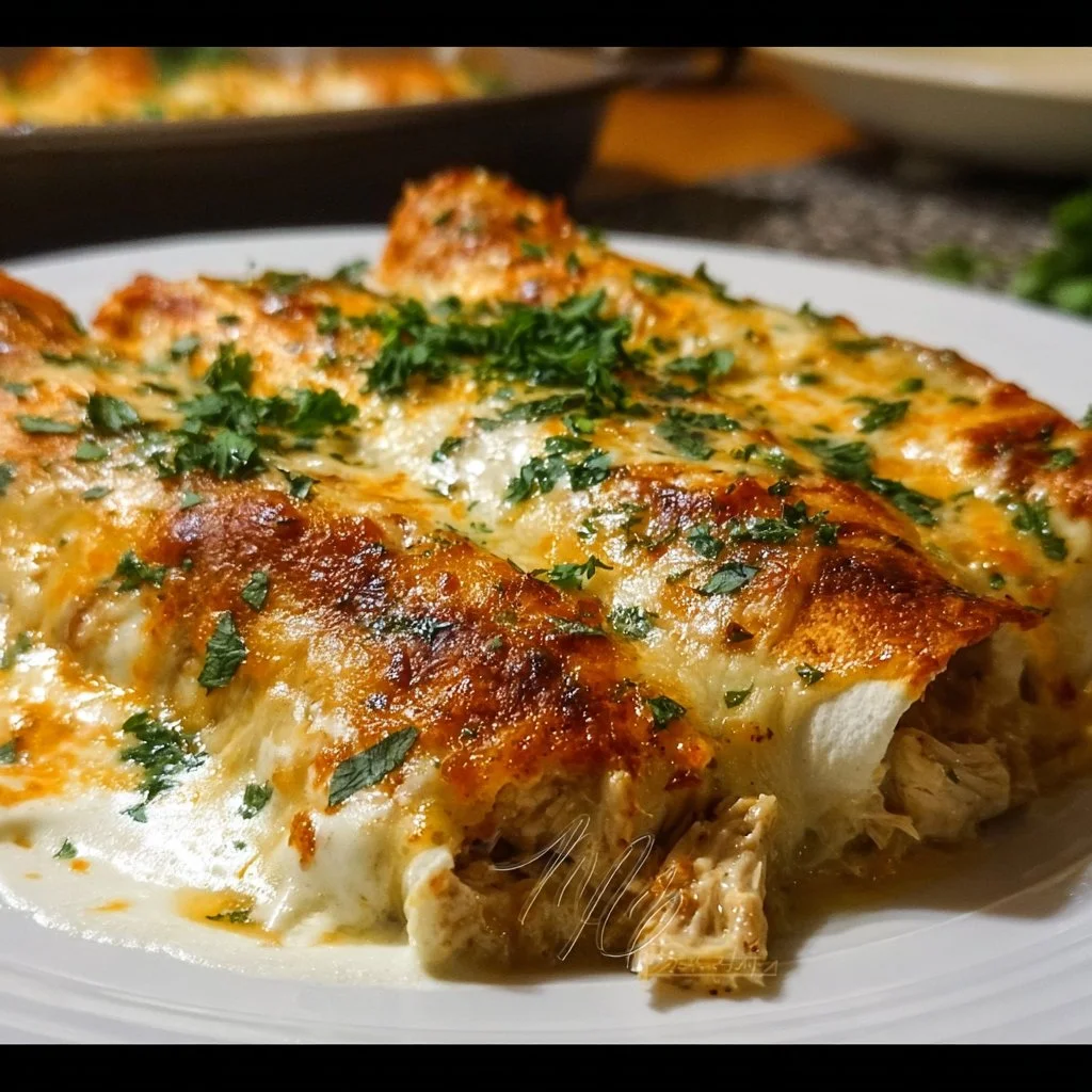 Plate of homemade chicken enchiladas topped with cheese and salsa