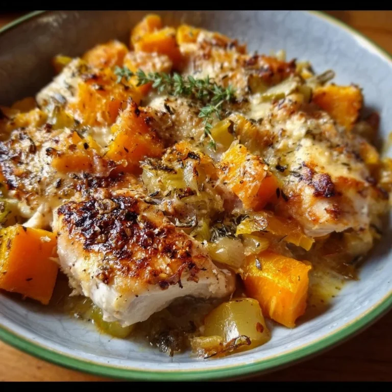 Delicious chicken bake with leek and butternut squash, a hearty meal.