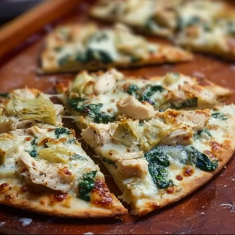 Delicious Chicken Spinach Artichoke Pizza on Flatbread topped with fresh ingredients