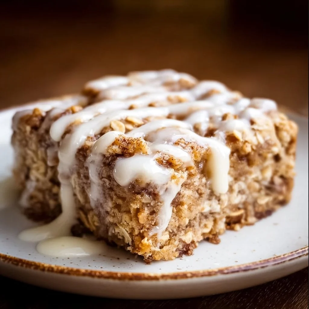 Baked cinnamon roll oatmeal in a dish, topped with icing and cinnamon.