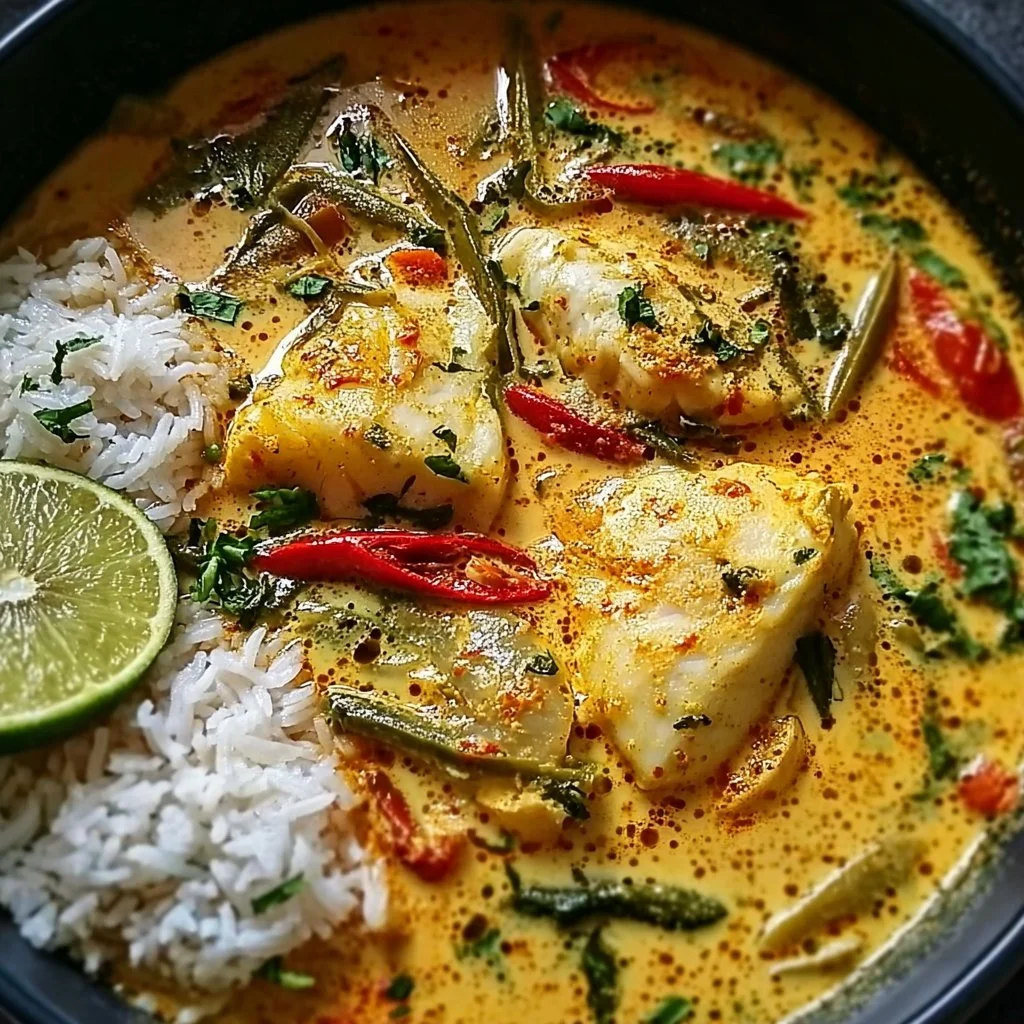 Delicious Coconut Lime Fish Curry served with fresh ingredients and herbs.