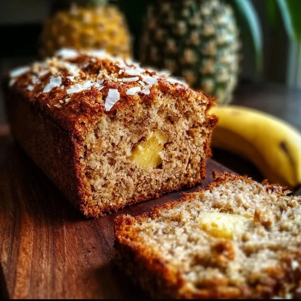 Slice of Coconut Pineapple Banana Bread on a wooden table