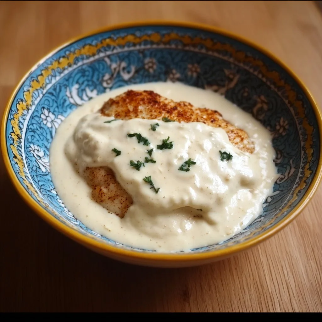Delicious cottage cheese sauce served over chicken for a healthy meal