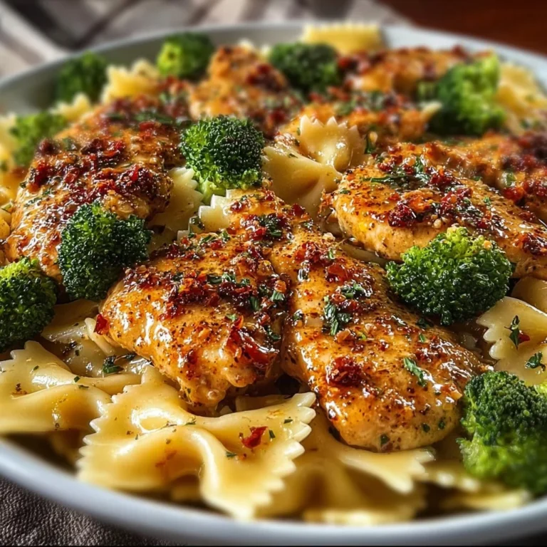 Delicious Cowboy Butter Lemon Bowtie Chicken served with broccoli