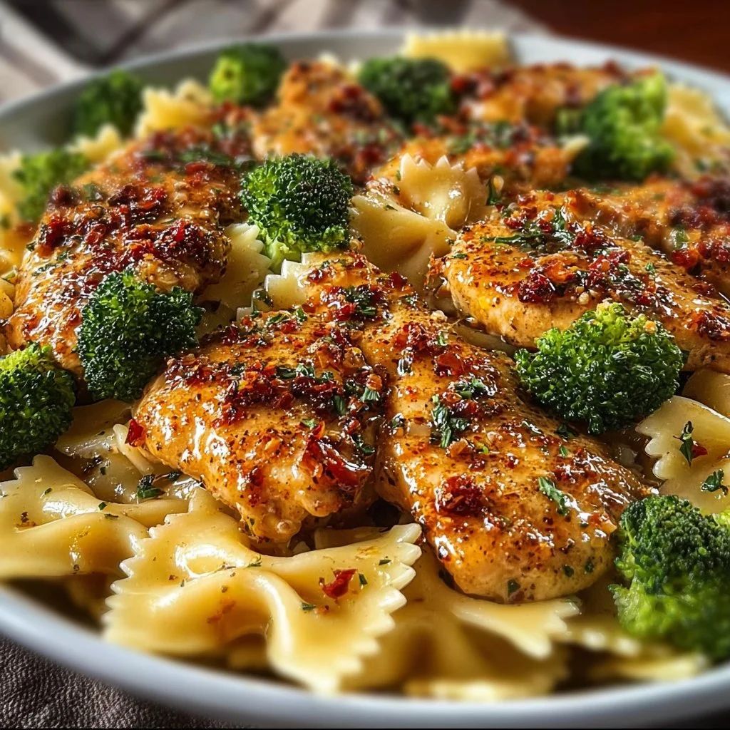 Delicious Cowboy Butter Lemon Bowtie Chicken served with broccoli
