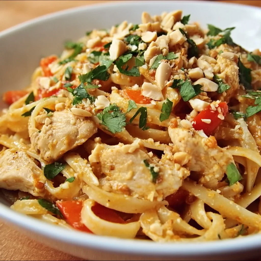 CPK Thai Peanut Chicken Pasta served with fresh vegetables and peanut sauce