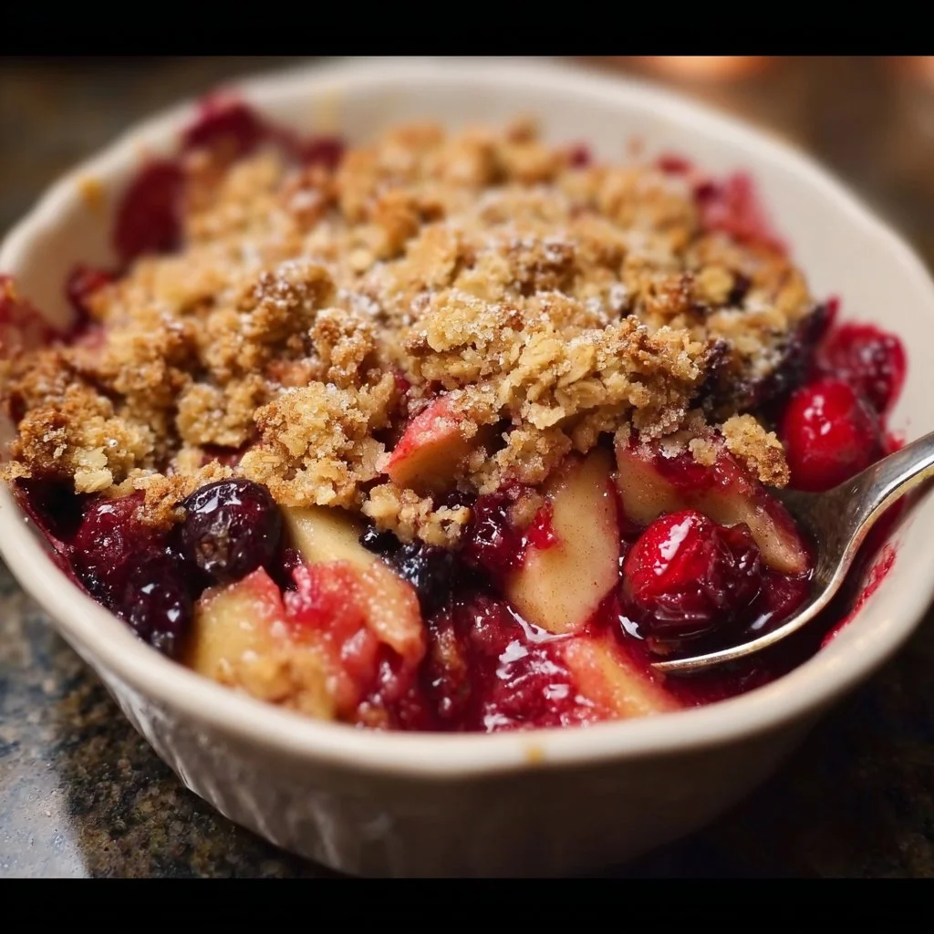 Delicious Cranberry Apple Crisp topped with a golden oat crumble