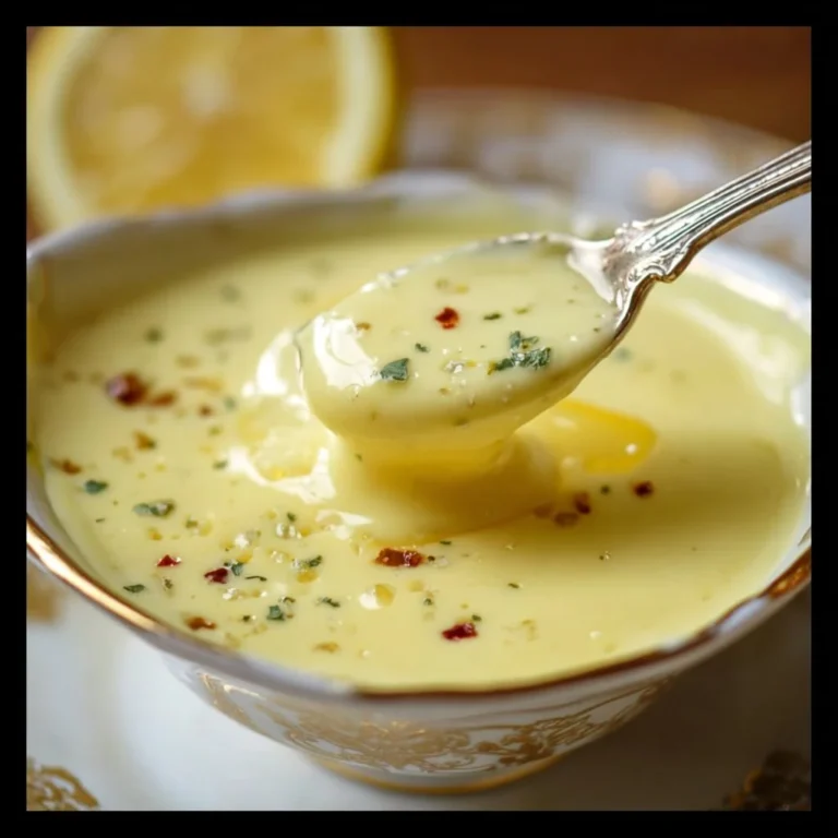 Creamy lemon butter sauce served over grilled fish and vegetables.