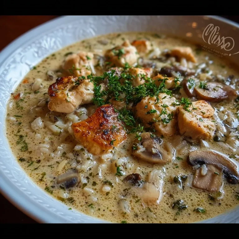 Bowl of creamy mushroom chicken soup with wild rice, garnished with herbs.