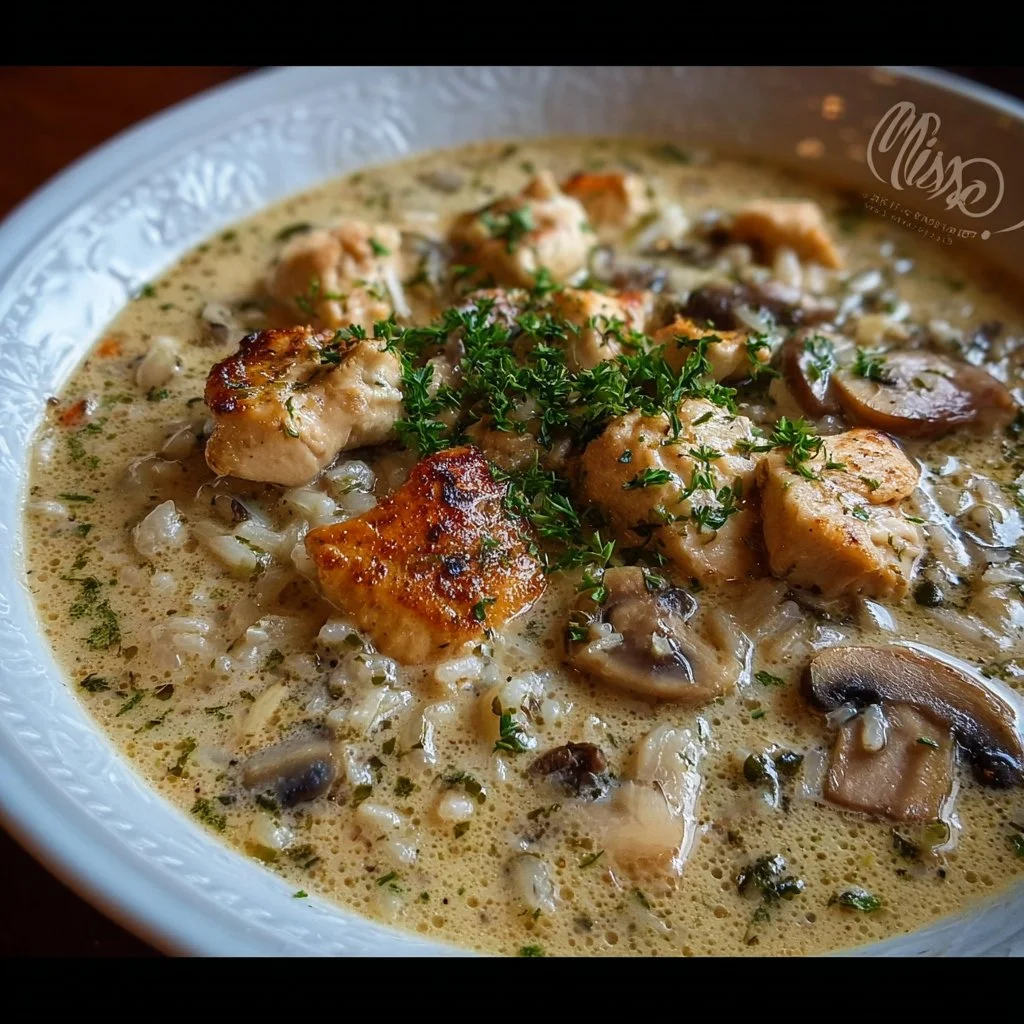 Bowl of creamy mushroom chicken soup with wild rice, garnished with herbs.