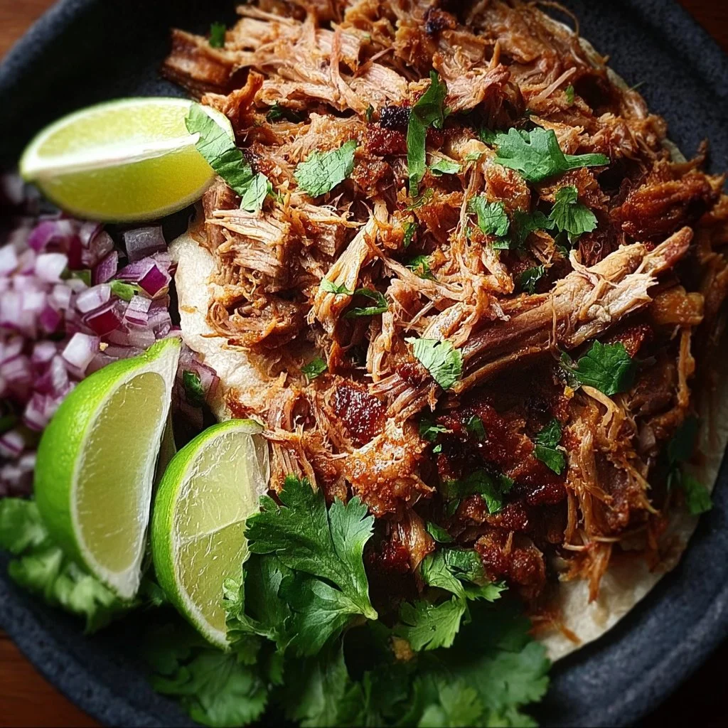 Crispy Slow Cooker Pulled Pork served on a plate with garnishes.