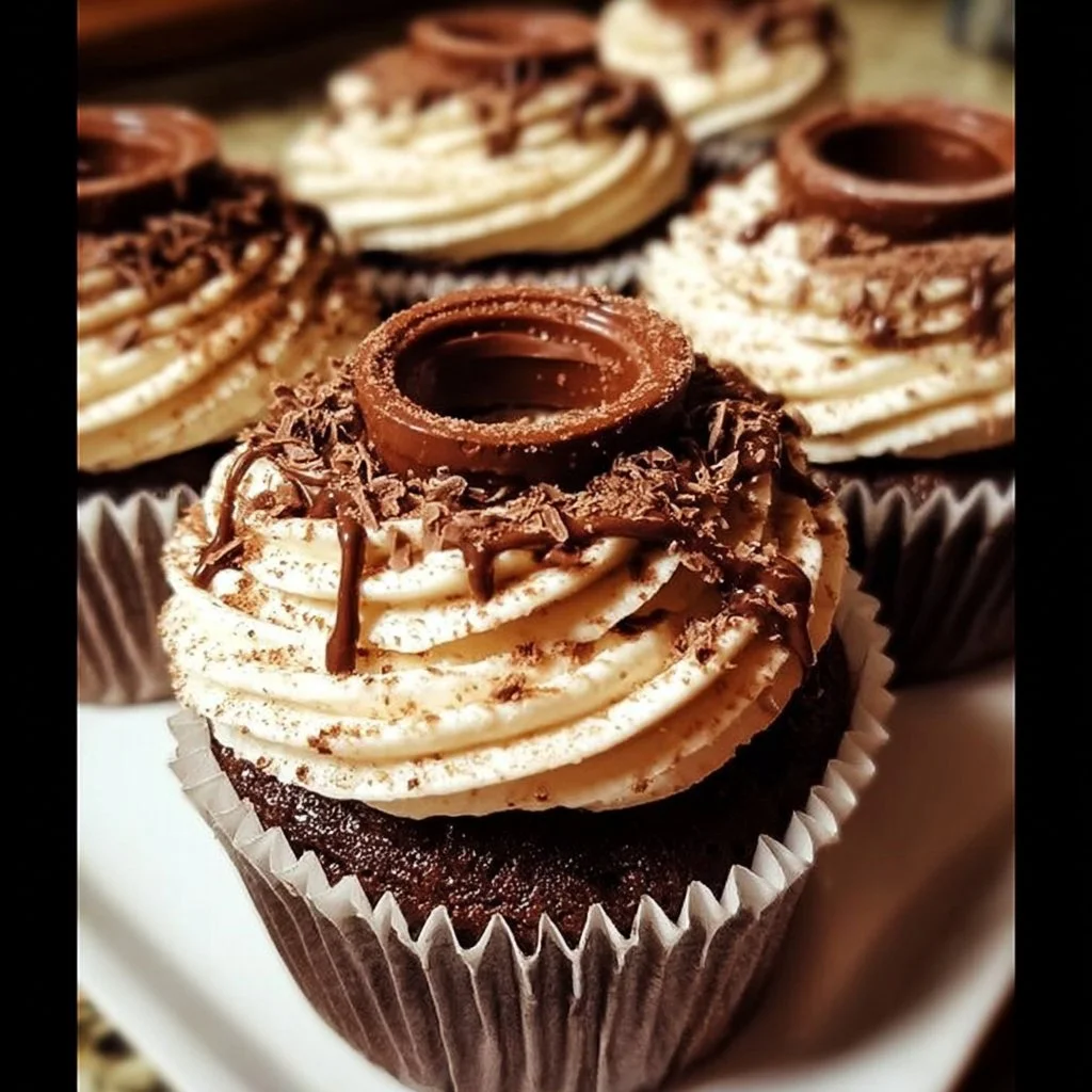 Decadent chocolate tiramisu cupcakes topped with cocoa powder