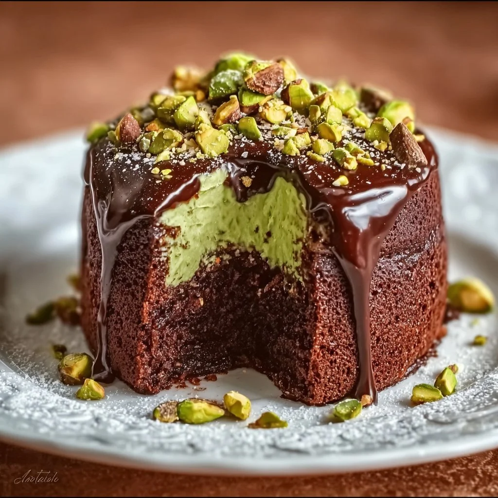 Delicious Dubai Chocolate Pistachio Cake with chocolate frosting and pistachio garnish