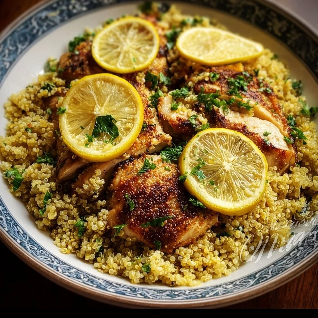 Delicious garlic lemon chicken quinoa on a plate, garnished with fresh herbs.