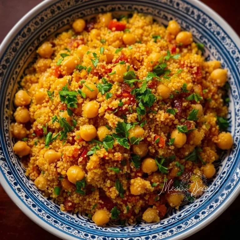 Easy one pot Moroccan Couscous with chickpeas in a vibrant serving dish
