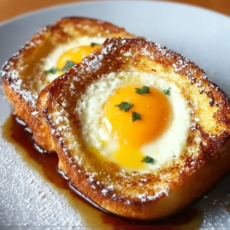 Delicious Egg-In-A-Hole French Toast topped with syrup and powdered sugar