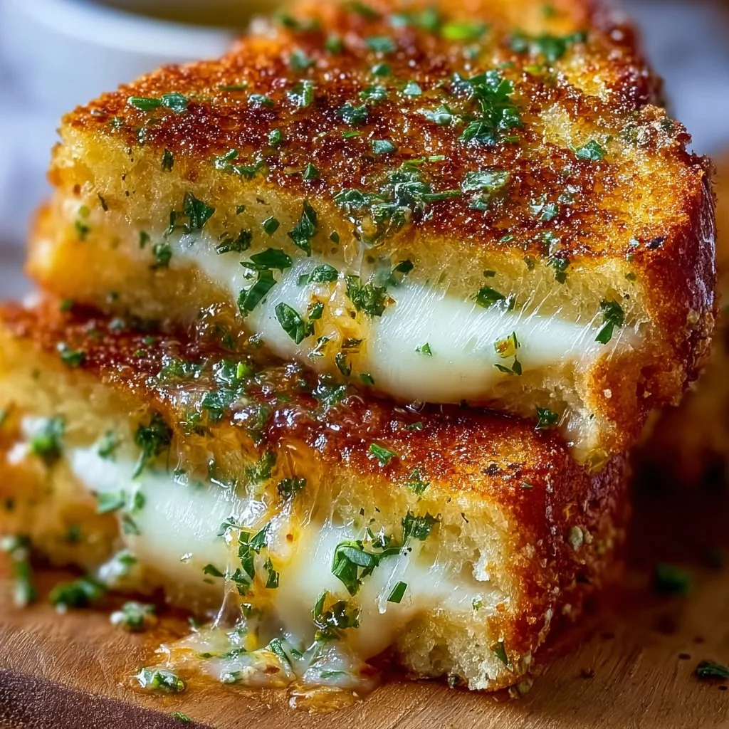 Garlic bread grilled cheese sandwich with melty cheese and crispy crust