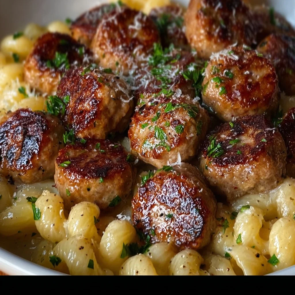 Garlic Butter Sausage Bites with Creamy Parmesan Pasta