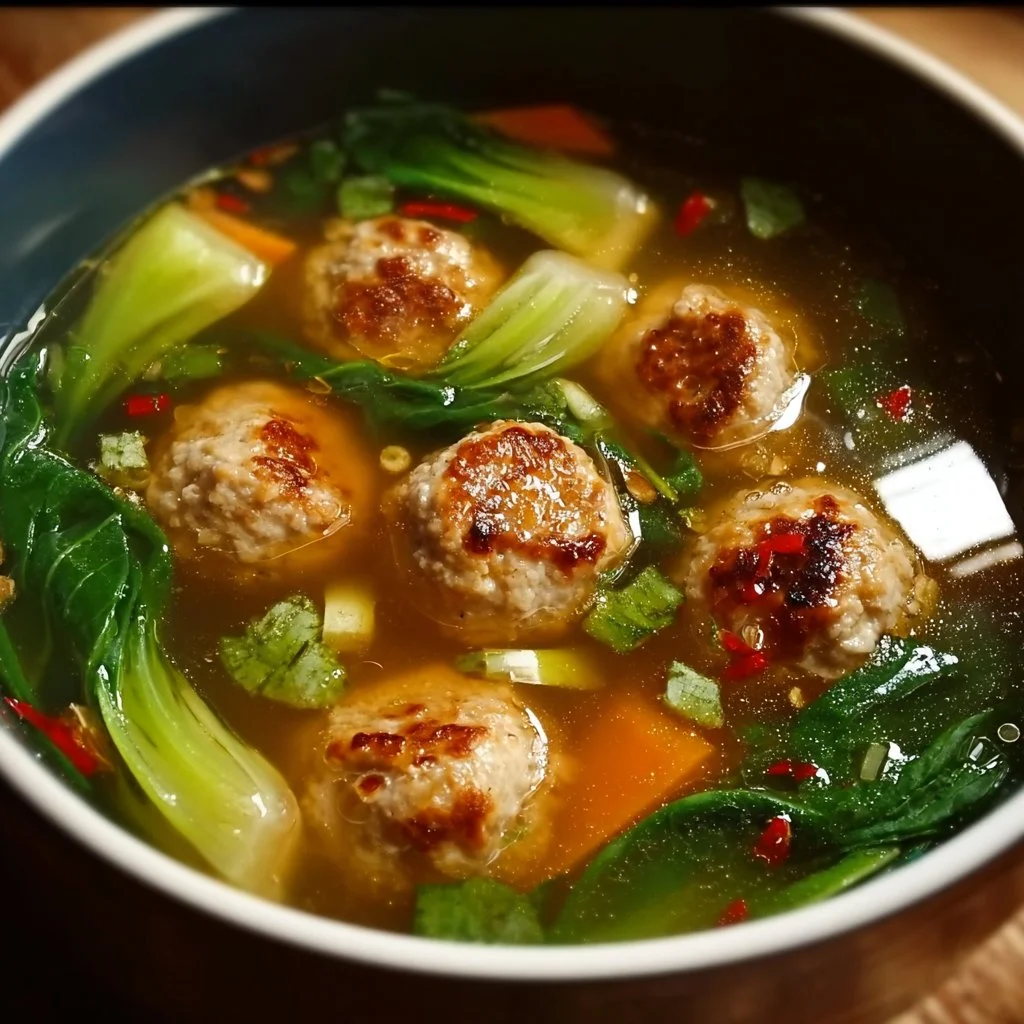Bowl of Ginger Chicken Meatball Soup garnished with fresh herbs