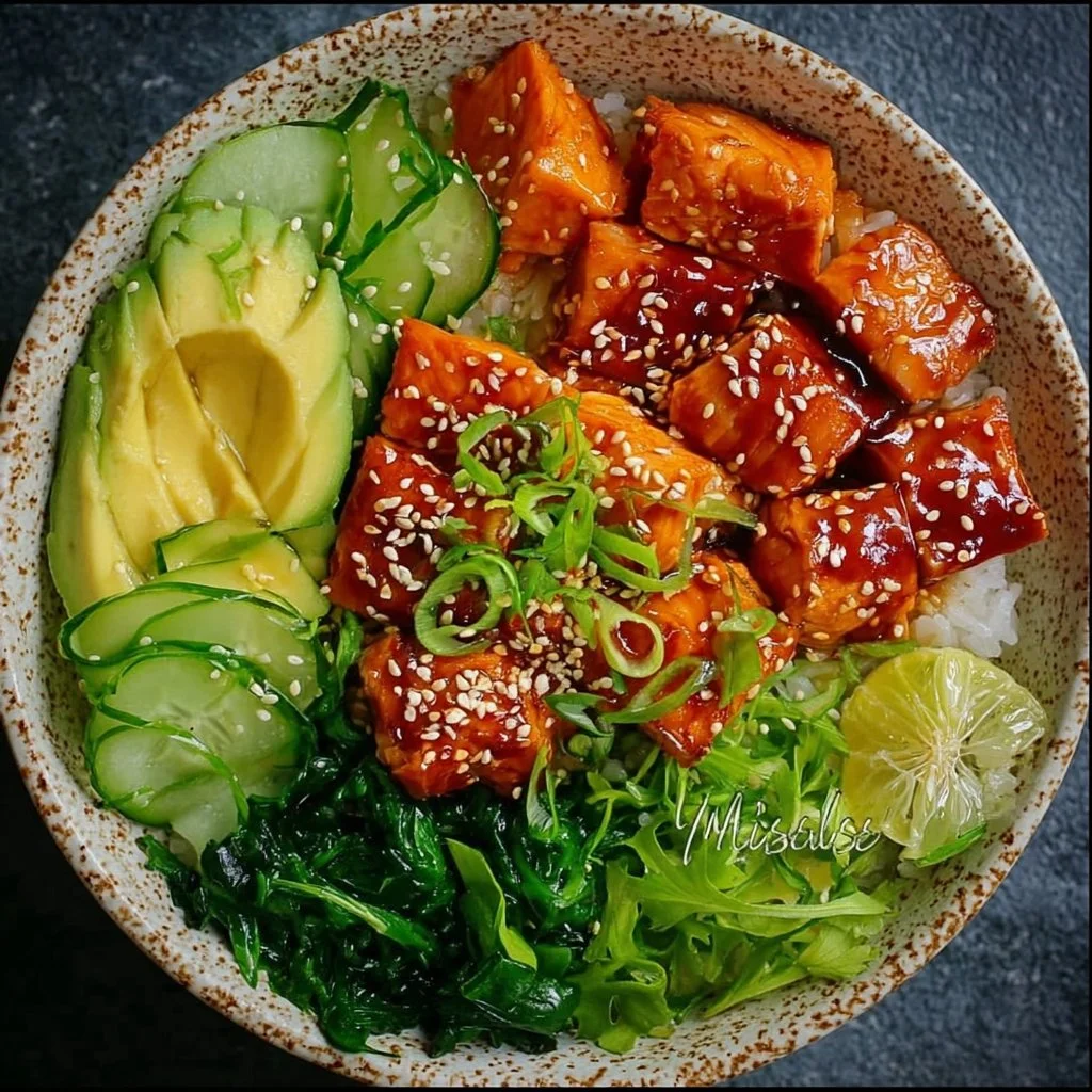 Honey sriracha salmon bowl with fresh vegetables and rice