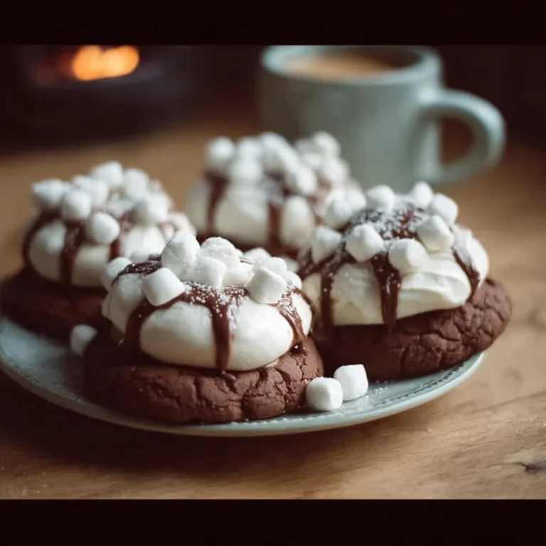 Delicious hot cocoa cookies topped with marshmallow frosting on a plate