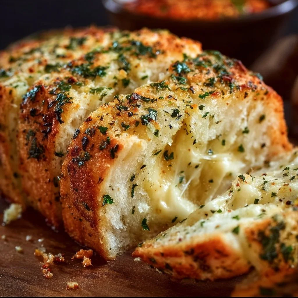 Freshly baked Italian Herb Cheese Bread with herbs and cheese on a wooden table