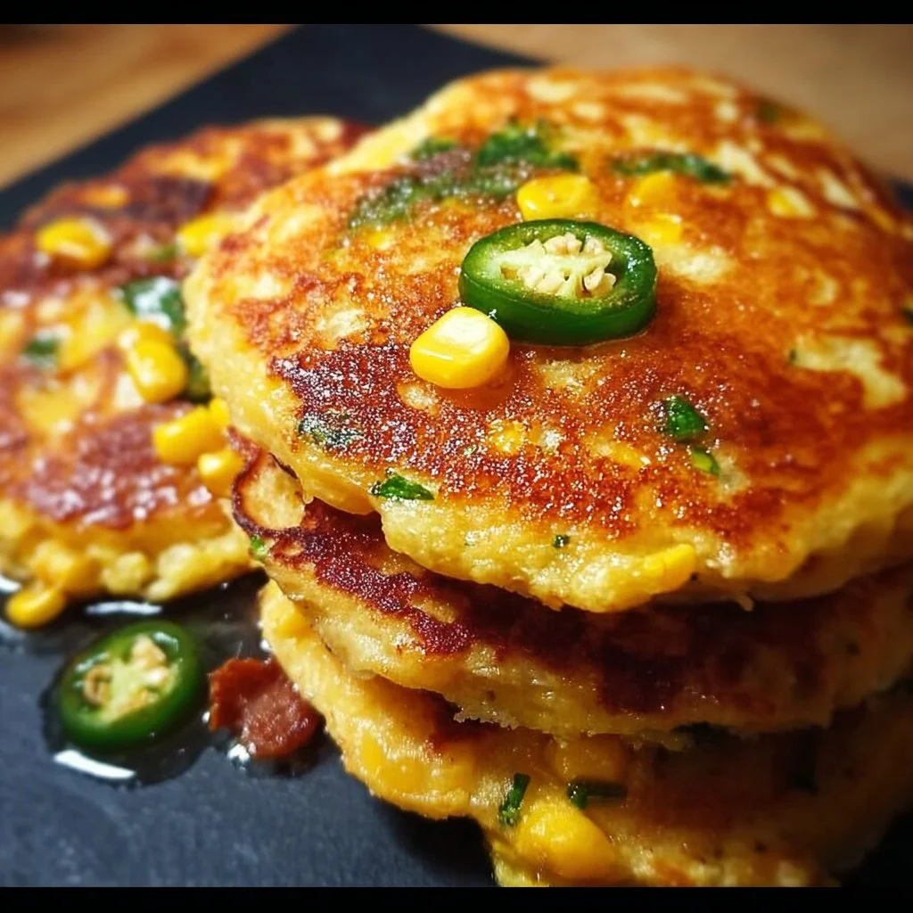 Delicious Jalapeno Cheddar Corn Pancakes served on a plate.