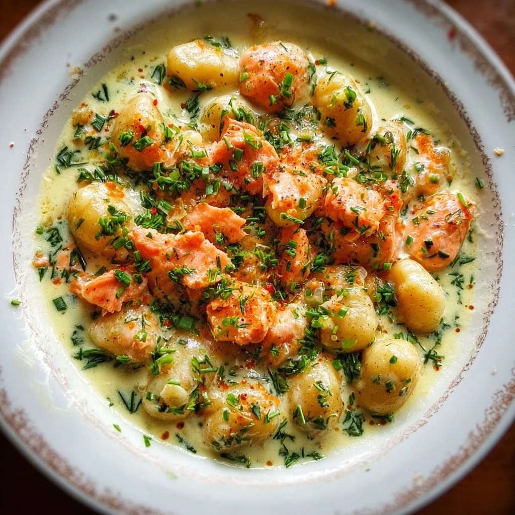 Deliciously plated smoked salmon gnocchi with herbs and cream sauce