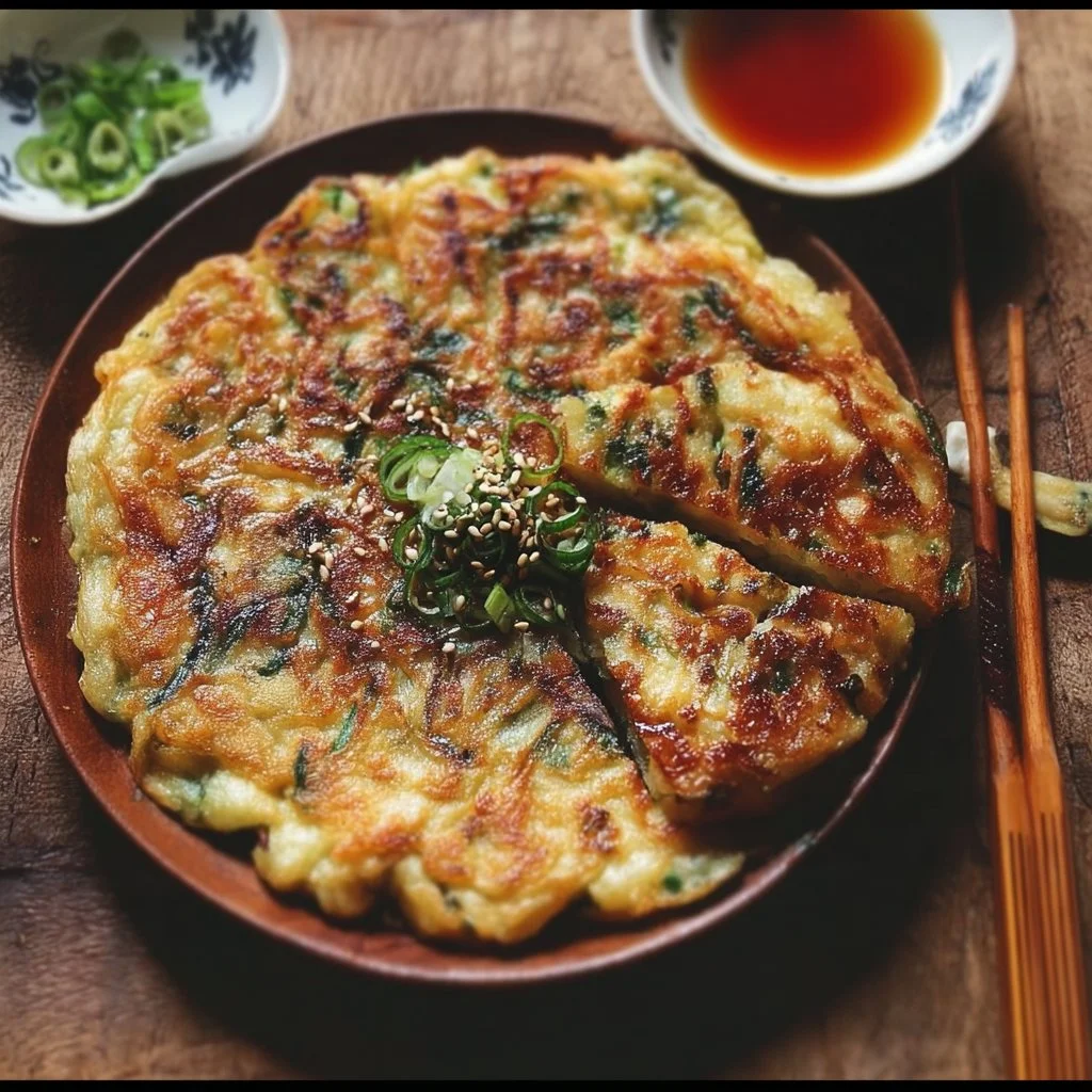 Delicious homemade Korean pancakes (Pajeon) served with dipping sauce.
