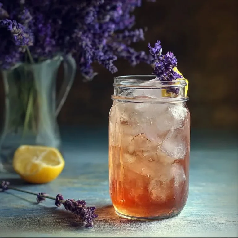 Glass of lavender iced tea garnished with lavender flowers and lemon slices