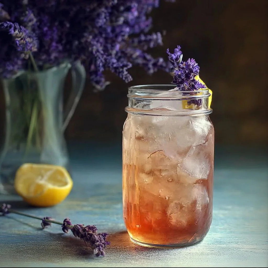 Glass of lavender iced tea garnished with lavender flowers and lemon slices