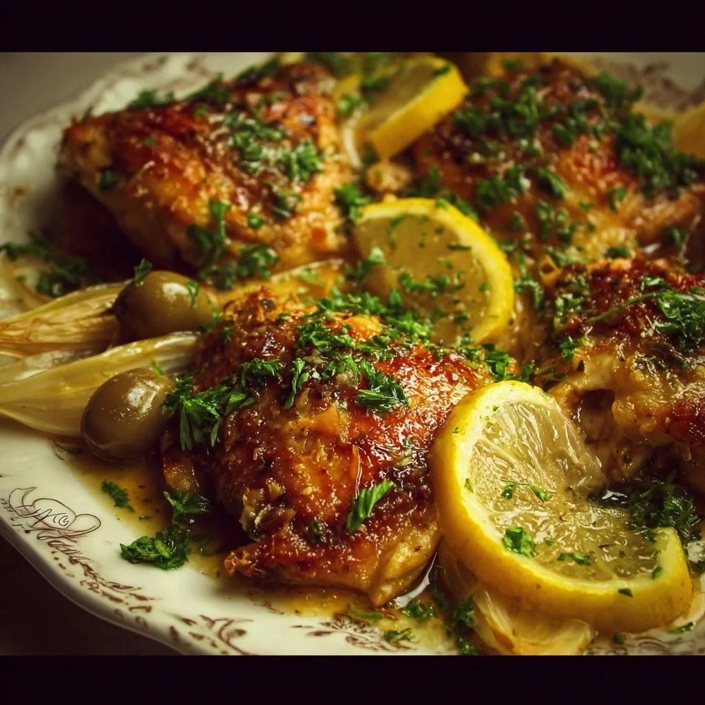 Delicious lemon chicken dish garnished with fresh herbs
