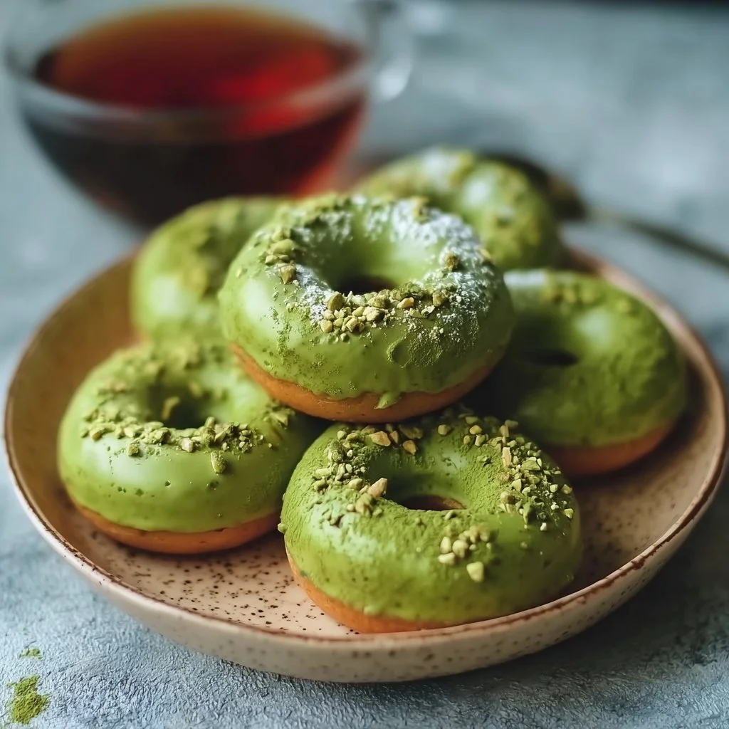 Delicious matcha donuts topped with glaze and sprinkles