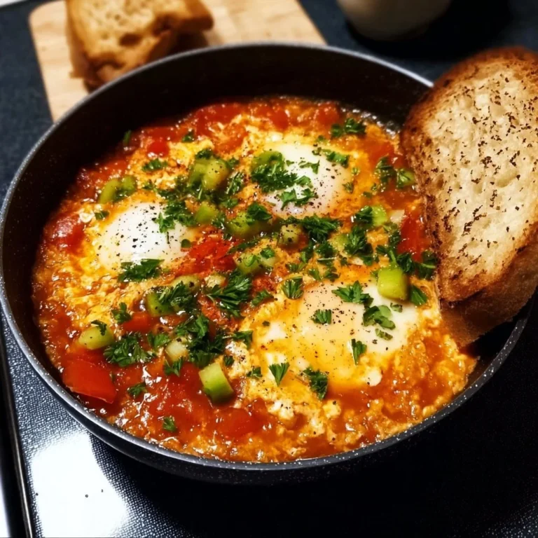 Delicious Menemen dish with eggs and tomatoes served in a pan