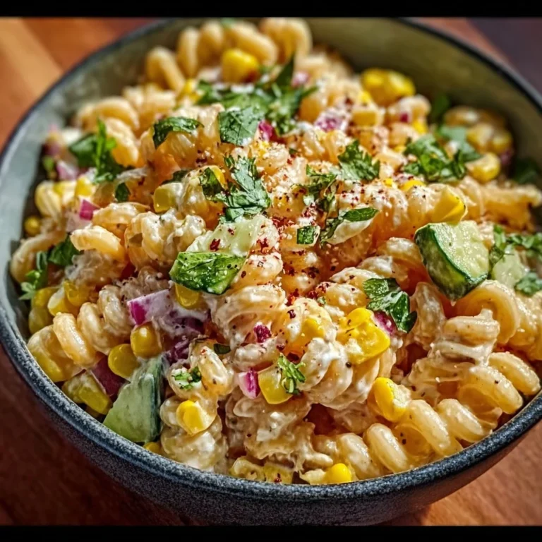 Bowl of Mexican street corn pasta salad with fresh ingredients and vibrant colors